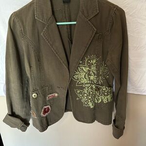 Green Textured Blazer with Floral Embellishments